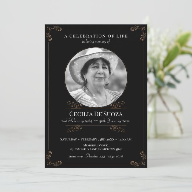 Black Gold Elegant Funeral Classic Custom Photo Invitation (Standing Front)