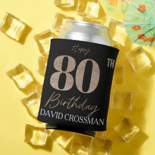 Black & Gold Elegant Glitter 80th Birthday Can Cooler
