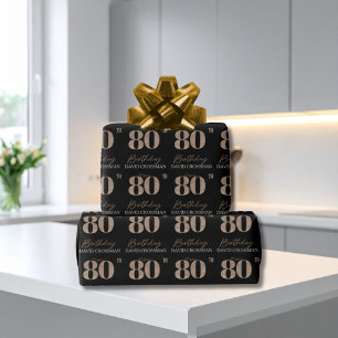 Black & Gold Elegant Glitter 80th Birthday Wrapping Paper