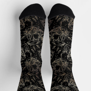 Black & Gold Elegant Hand Drawn Florals Wedding Socks