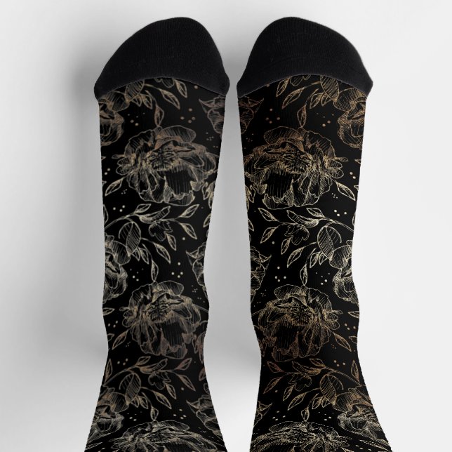 Black & Gold Elegant Hand Drawn Florals Wedding Socks (Top)