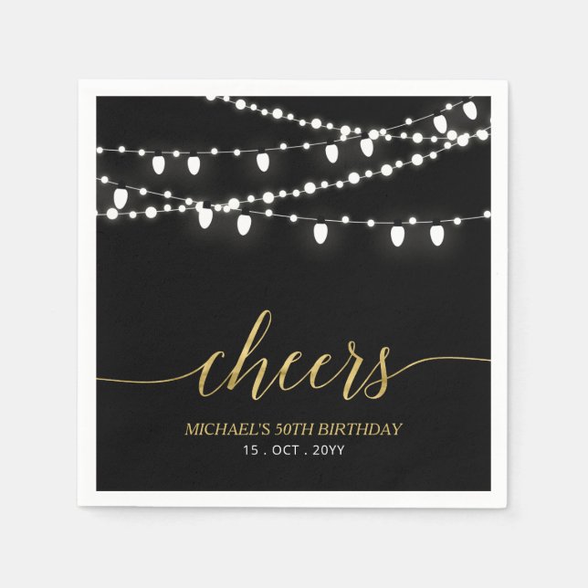Black & Gold | Elegant Lights Adult Birthday Party Napkin (Front)
