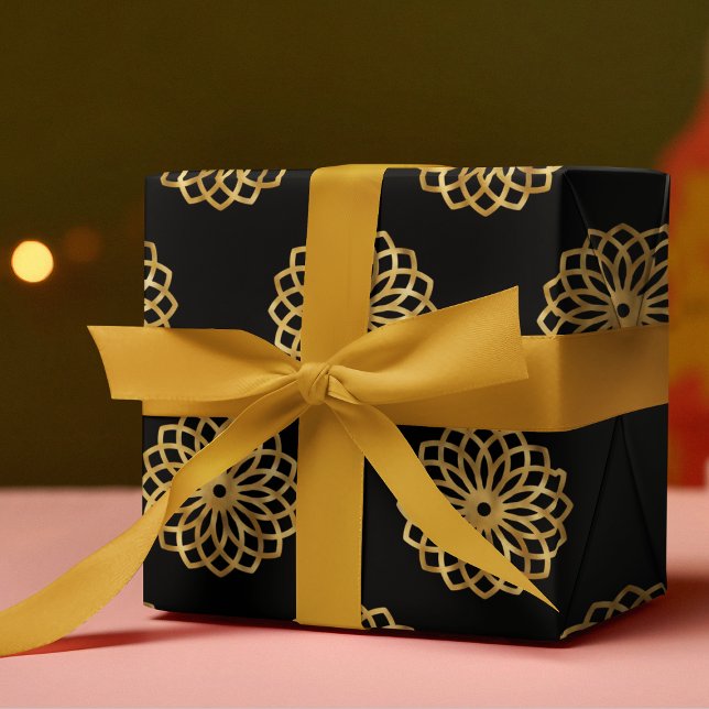 Black Gold Elegant Mandala Birthday  Wrapping Paper (Creator Uploaded)
