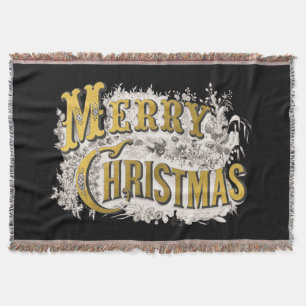 Black Gold Elegant Merry Christmas Rustic Vintage Throw Blanket