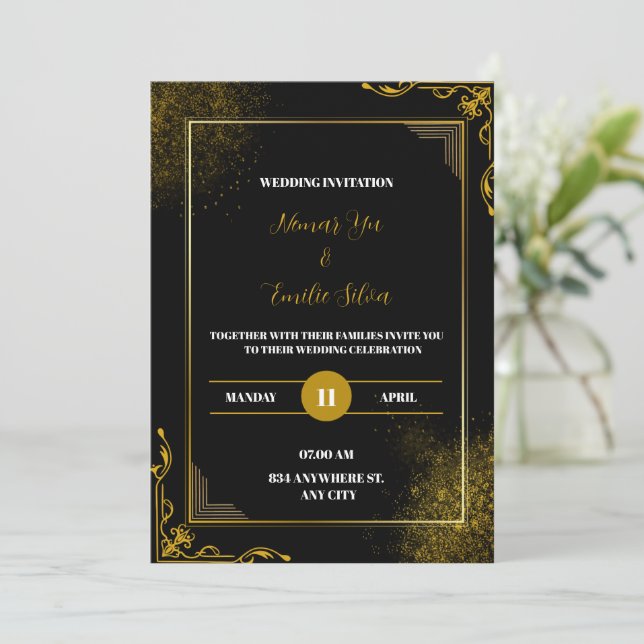 Black Gold Elegant Modern Wedding Invitation (Standing Front)