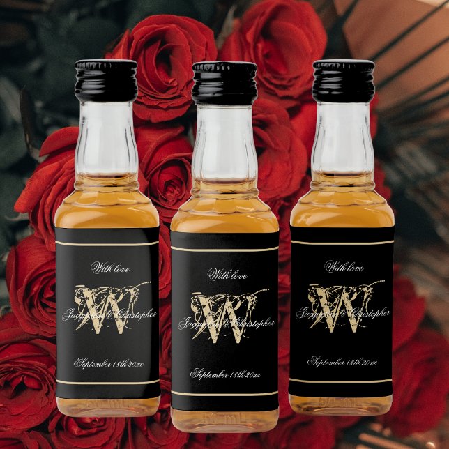 Black & Gold Elegant Monogram Chic Wedding Mini  Liquor Bottle Label (Black, White and Gold Elegant Monogram Chic Wedding Mini Liquor Bottle Labels.)