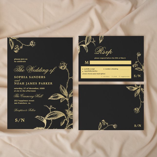 Black gold elegant monogram meal choice wedding RSVP card (The invitation can be purchased separately )