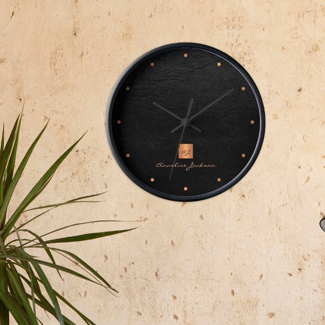 Black gold elegant monogram name personalised round clock (Creator Uploaded)