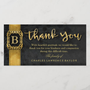 Black & Gold Elegant Monogram Sympathy Thank You