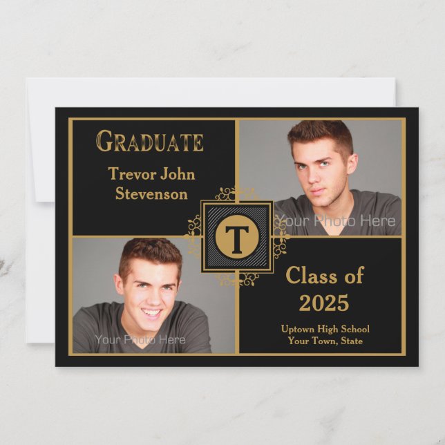 Black Gold Elegant Monogram, Two Photo Graduation Announcement (Front)
