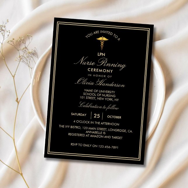 Black Gold Elegant Nurse Pinning Ceremony  Invitation (Creator Uploaded)