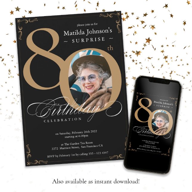 Black Gold Elegant Photo Surprise 80th Birthday Invitation (Surprise 80th Black Gold Elegant Photo Birthday Invitation)