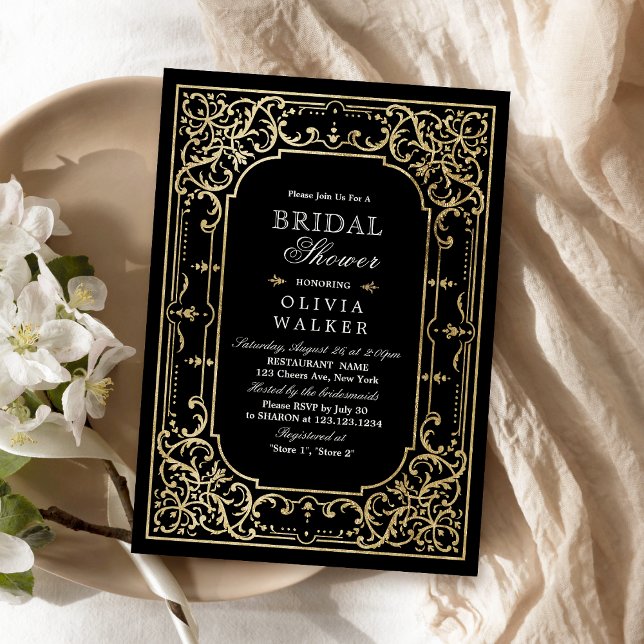 Black gold elegant romantic vintage bridal shower invitation (Black gold elegant romantic vintage bridal shower invitation)