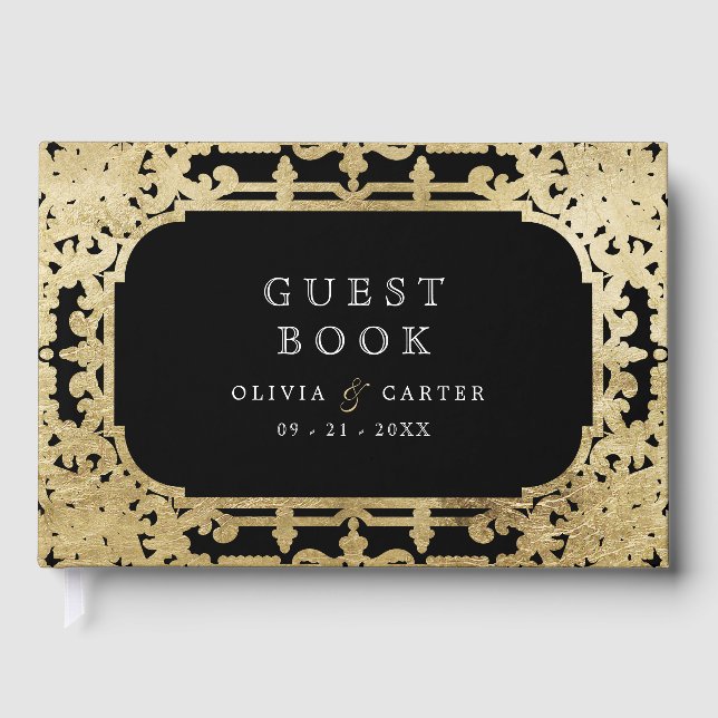 Black gold elegant romantic vintage wedding guest book (Front)