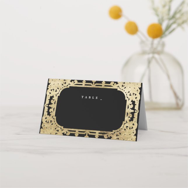 Black & gold elegant romantic vintage wedding place card (Front)