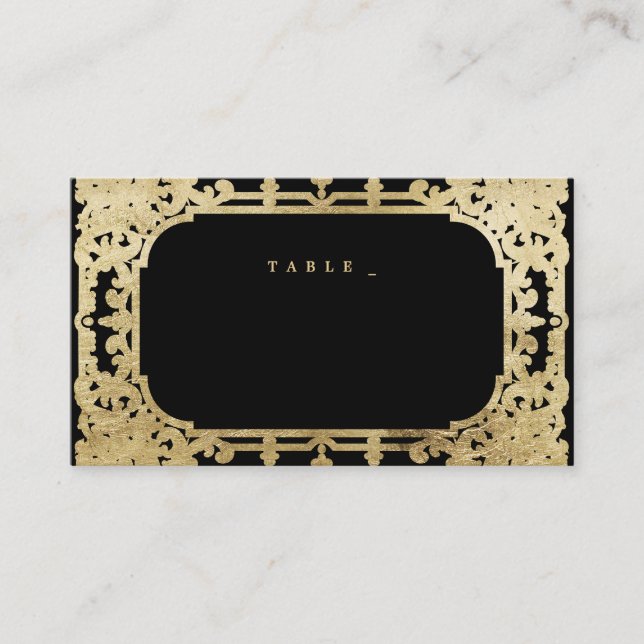 Black & gold elegant romantic vintage wedding place card (Front)
