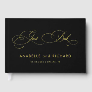 Black Gold Elegant Script Calligraphy Wedding Foil Guest Book