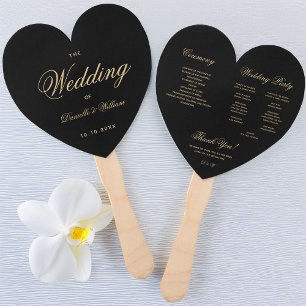 Black Gold Elegant Script Heart Wedding Program Hand Fan