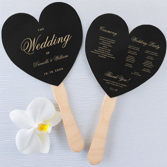 Black Gold Elegant Script Heart Wedding Program Hand Fan (Creator Uploaded)