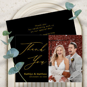Black Gold Elegant Script Modern Photo Wedding Thank You Card