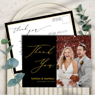 Black Gold Elegant Script Modern Wedding Thank You Postcard