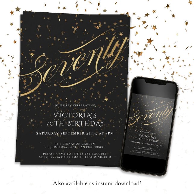 Black Gold Elegant Seventy 70th Birthday Party Invitation (70th Birthday Glamorous Confetti Black Gold Custom Invitation. Also available as Instant download!)