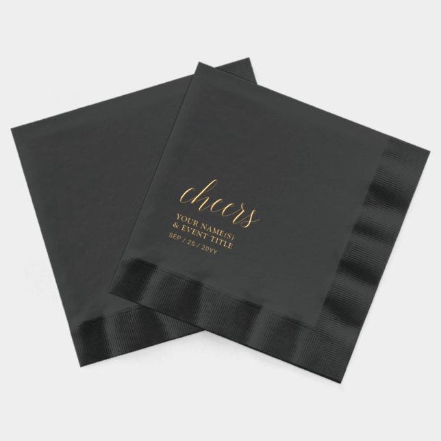 Black Gold Elegant Stylish Lettering Cheers Event Foil Napkins (Back)