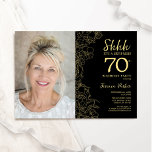 Black Gold Elegant Surprise Photo 70th Birthday Invitation<br><div class="desc">Floral black and gold surprise 70th birthday party invitation with your photo on the front of the card. Elegant modern design featuring botanical outline drawings accents and typography script font. Simple trendy invite card perfect for a stylish female bday celebration. Can be customised to any age. Printed Zazzle invitations or...</div>