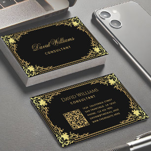 Black Gold Elegant Vintage Calligraphy QR Code Business Card