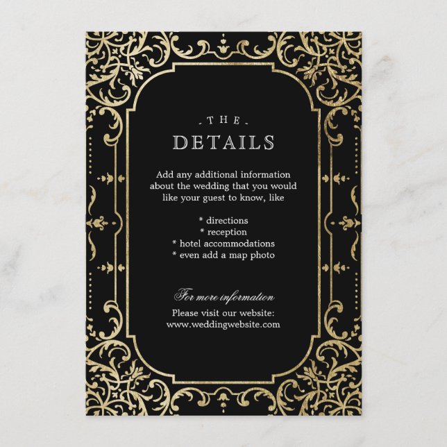 Black & gold elegant vintage wedding details enclosure card (Front)