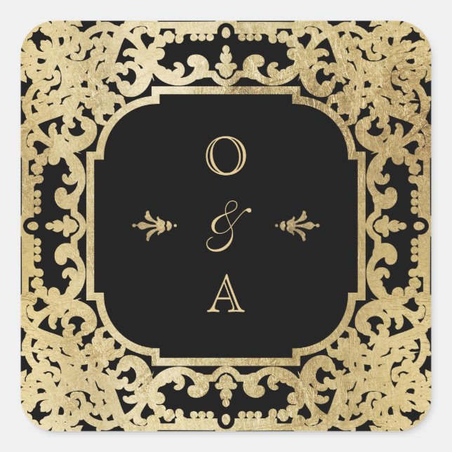 Black & gold elegant vintage wedding monogram square sticker (Front)