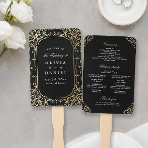 Black & gold elegant vintage wedding program hand  fan