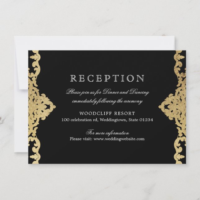 Black & gold elegant vintage wedding reception invitation (Front)
