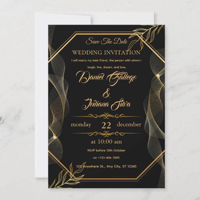 Black & Gold Elegant Wedding Invitation (Front)