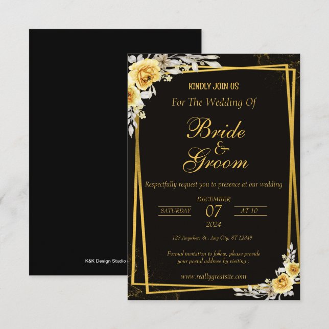 Black & Gold Elegant Wedding Invitation (Front/Back)
