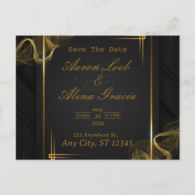Black & Gold Elegant Wedding Invitation Postcard (Front)