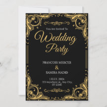 Black & Gold Elegant Wedding Party Invitation 