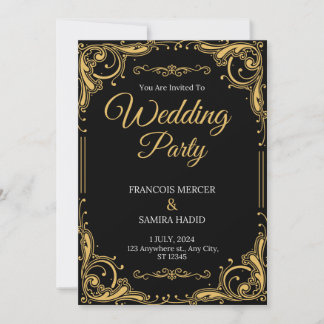 Black & Gold Elegant Wedding Party Invitation 