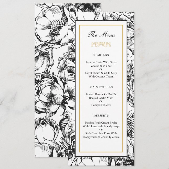 Black & Gold Elegant Wedding Party Menu Card (Front/Back)