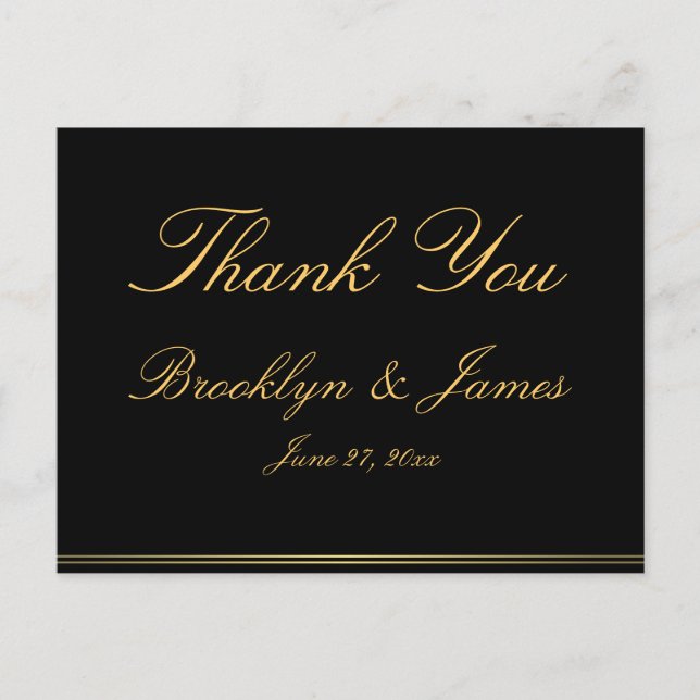 Black Gold Elegant Wedding Thank You Postcards (Front)
