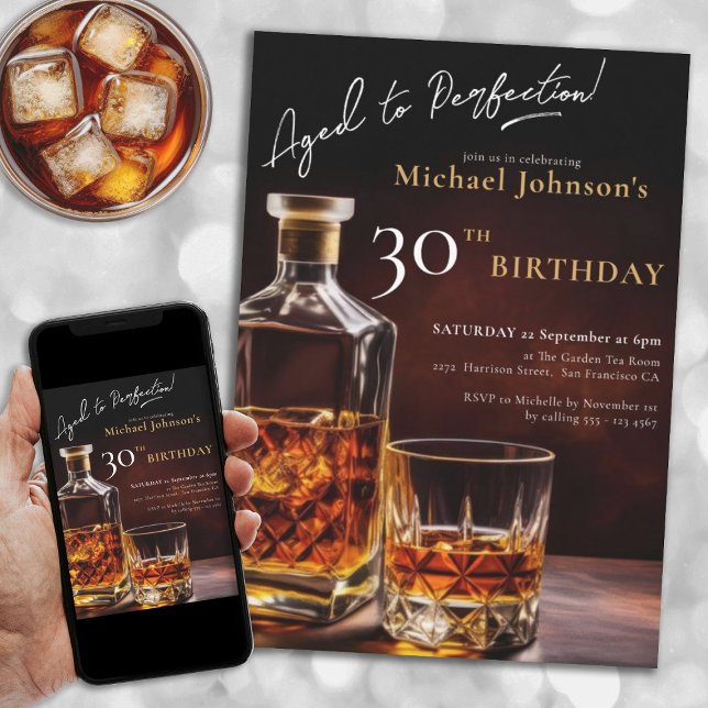 Black Gold Elegant Whiskey 30th Birthday Party Invitation (30th Birthday Black Gold Whiskey Elegant Party Invitation)