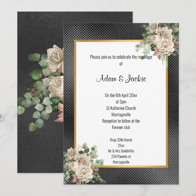 BLACK GOLD EMBOSSED ROSE EUCALYPTUS WHITE WEDDING INVITATION (Front/Back)