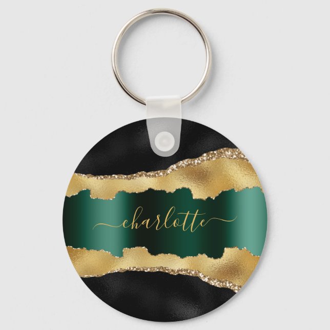 Black gold emerald green agate marble name script key ring (Front)