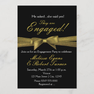 Black & Gold Engagement Chic Bow Party Invitation
