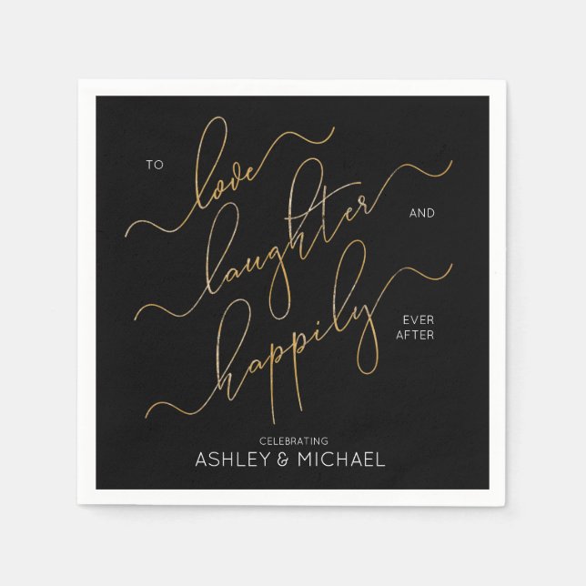 Black & Gold Engagement Party Happily Ever After Napkin (Front)