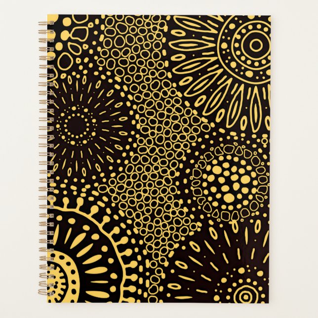 Black Gold Ethnic Floral Daily Planner Notebook (Front)