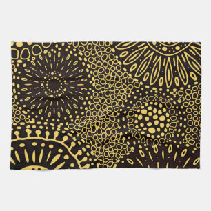 Black Gold Ethnic Floral Pattern Kitchen Towel