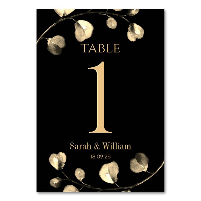 Black & Gold Eucalyptus Wedding Table Number (Front)