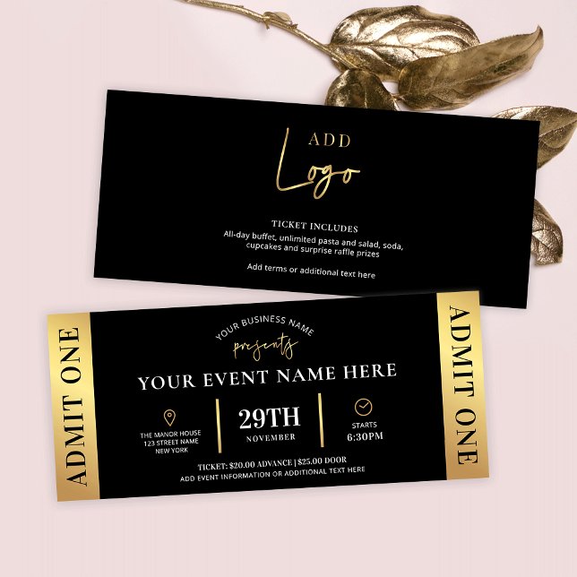 Black & Gold Event Ticket Business Logo Admit One Invitation (Luxurious black and gold event ticket with space for your custom text - use for any type of ticket)