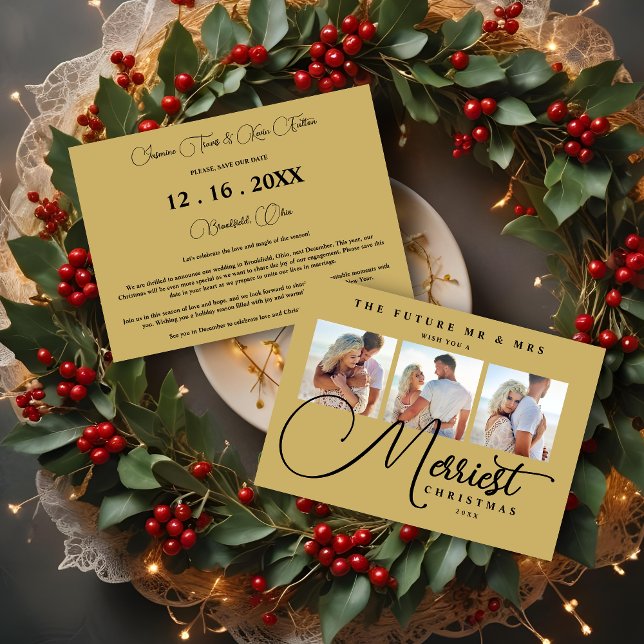 Black Gold Exquisite Wedding Christmas 3 Photos Save The Date (Exquisite Wedding Christmas 3 Photos in Fake Gold & Black Holidays Cards as a Save the Dates Cards)